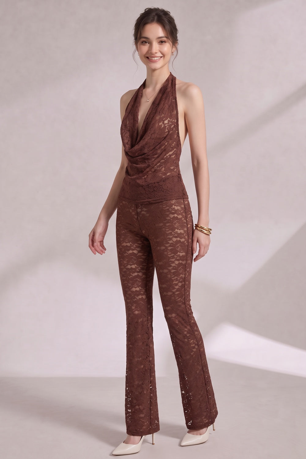 Chocolate Brown Lace Fitted Halter Top With Cowl Neck; Slim-Fit Pants Flaring From The Knee Two-Piece Set (halter top and matching pants) Flowering Girl
