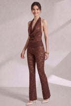 Chocolate Brown Lace Fitted Halter Top With Cowl Neck; Slim-Fit Pants Flaring From The Knee Two-Piece Set (halter top and matching pants) Flowering Girl