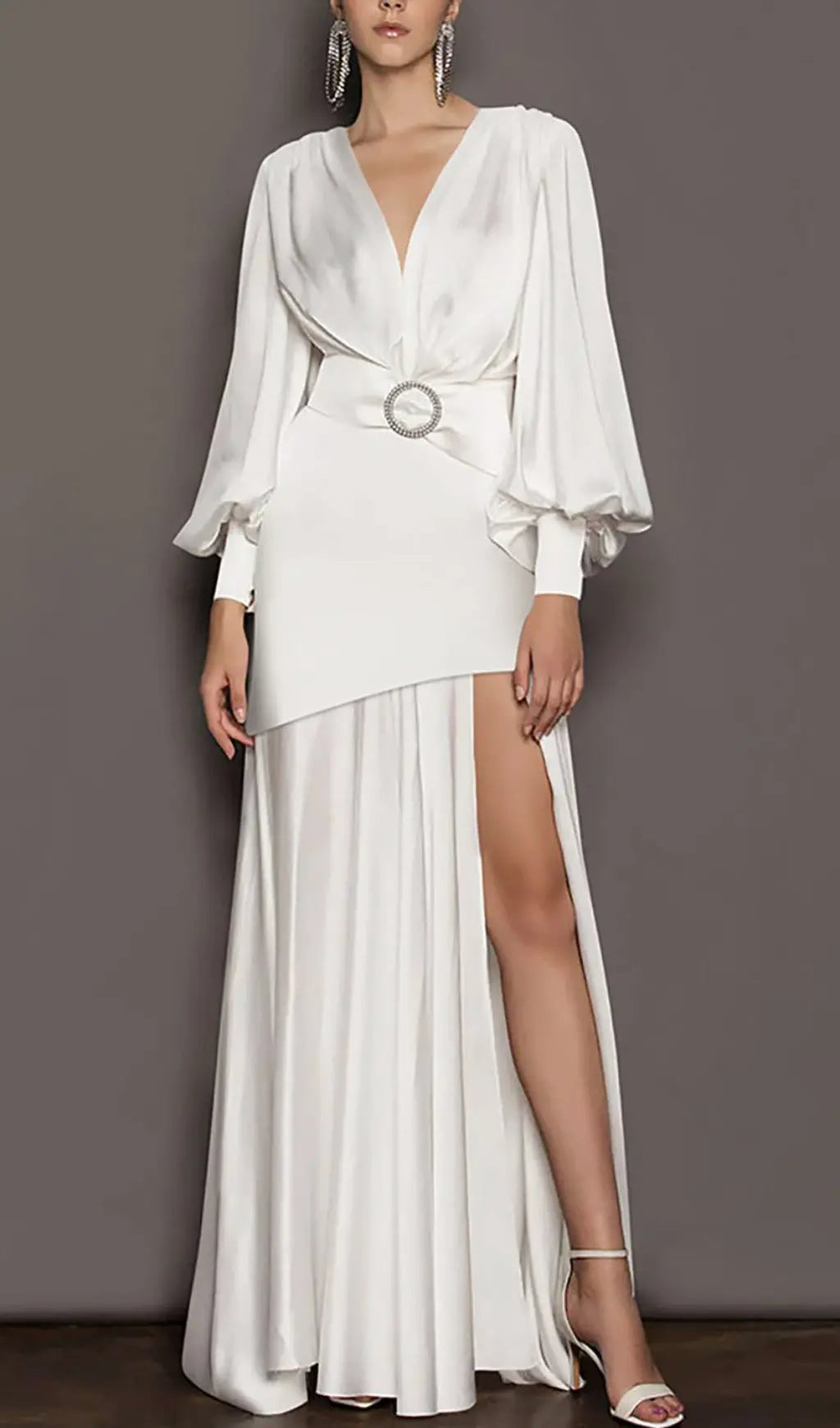 White Deep V Lantern Long Sleeve A-Line Dress Flowering Girl