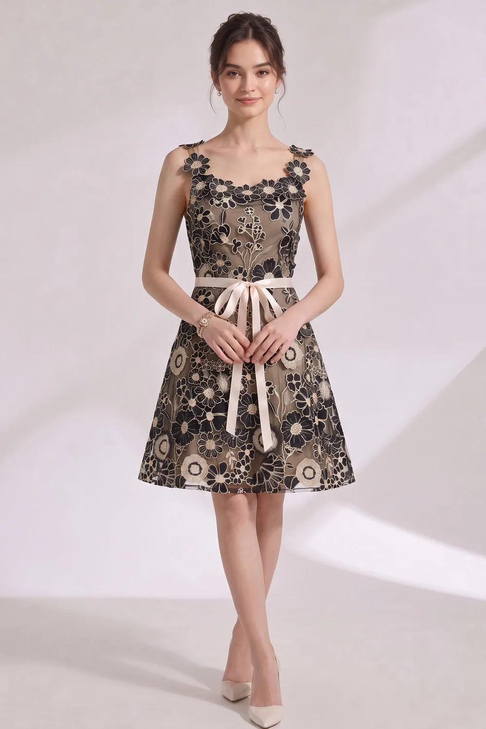 Black Embroidered Tulle Overlay A-Line Mini Dress Flowering Girl