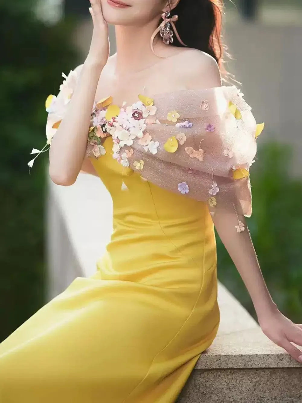 Bright Yellow Satin Strapless Maxi Gown With 3D Colorful Floral Tulle Bust Flowering Girl