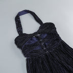 Bonnie Halter Pleated Cutout Maxi Dress In Navy Blue Flowering Girl