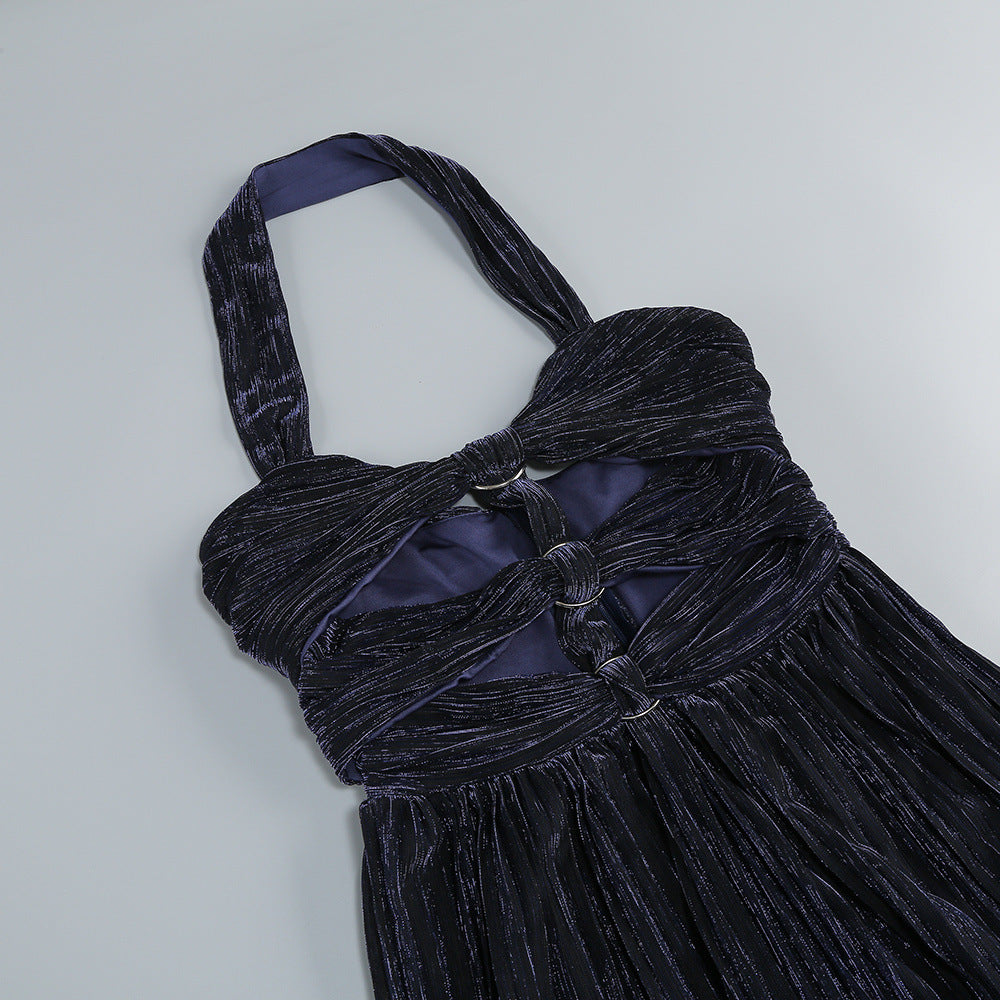Bonnie Halter Pleated Cutout Maxi Dress In Navy Blue Flowering Girl