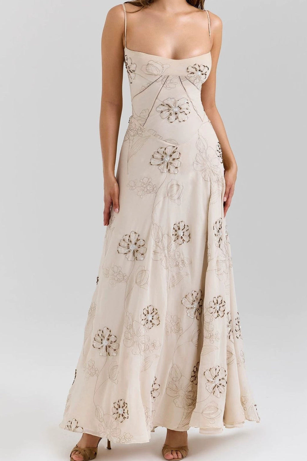 Beige Floral Beaded Spaghetti Strap Maxi Dress Flowering Girl