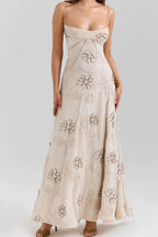 Beige Floral Beaded Spaghetti Strap Maxi Dress Flowering Girl