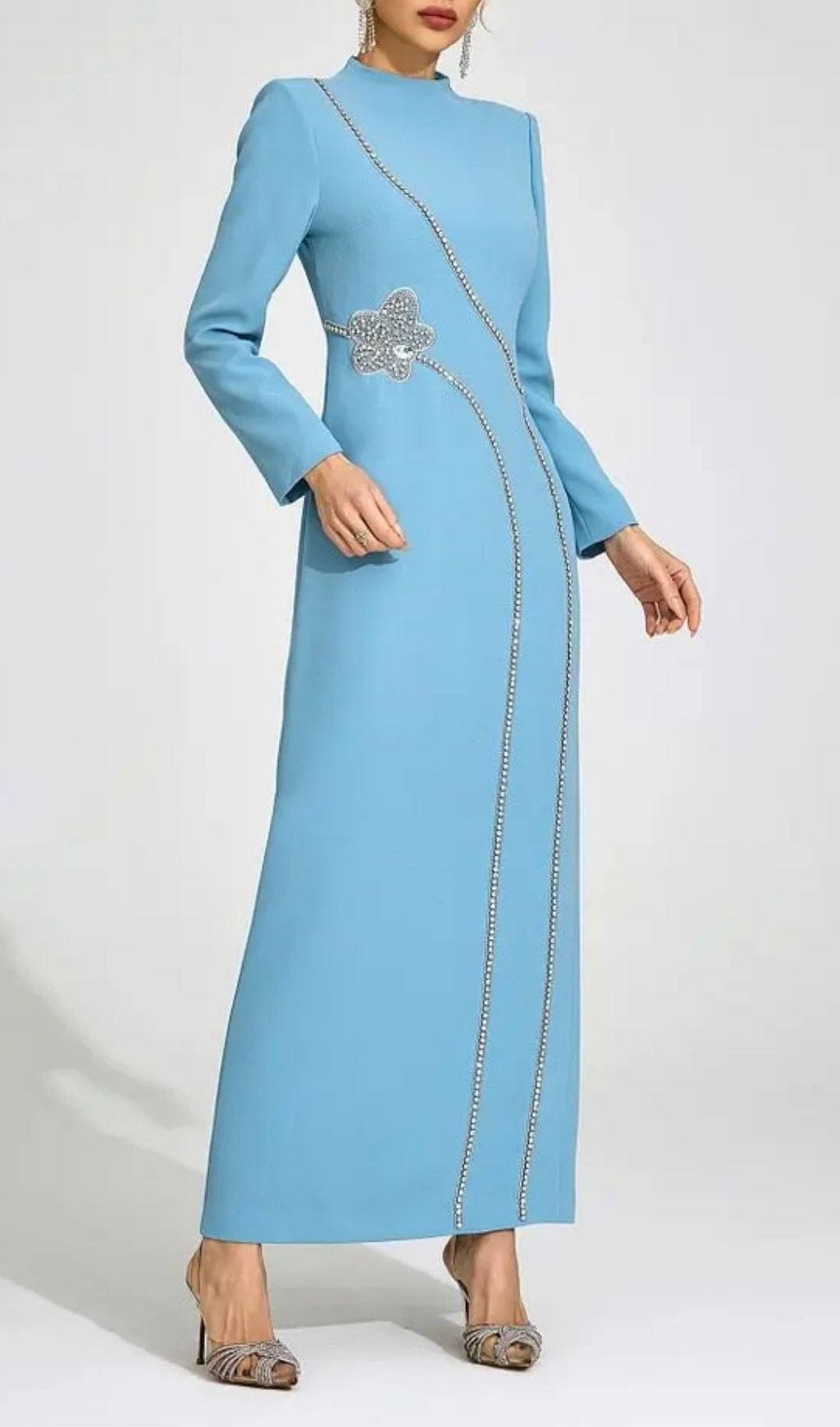 Nicola Diamond Embellished Long Sleeve Maxi Dress - Blue Flowering Girl