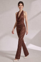 Chocolate Brown Lace Fitted Halter Top With Cowl Neck; Slim-Fit Pants Flaring From The Knee Two-Piece Set (halter top and matching pants) Flowering Girl