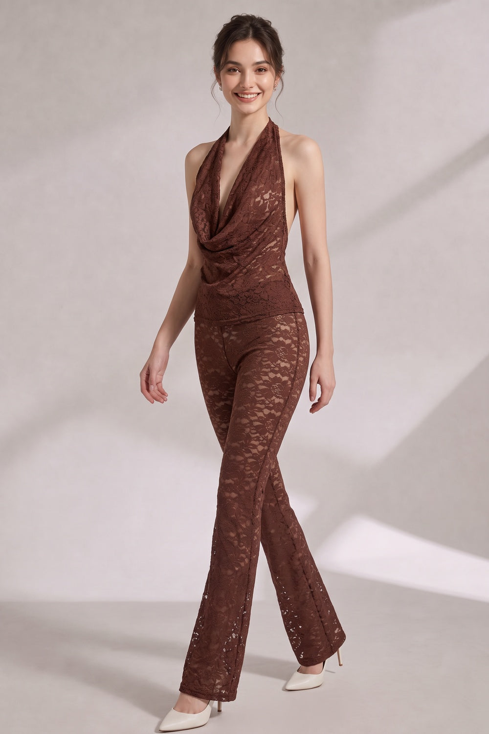 Chocolate Brown Lace Fitted Halter Top With Cowl Neck; Slim-Fit Pants Flaring From The Knee Two-Piece Set (halter top and matching pants) Flowering Girl