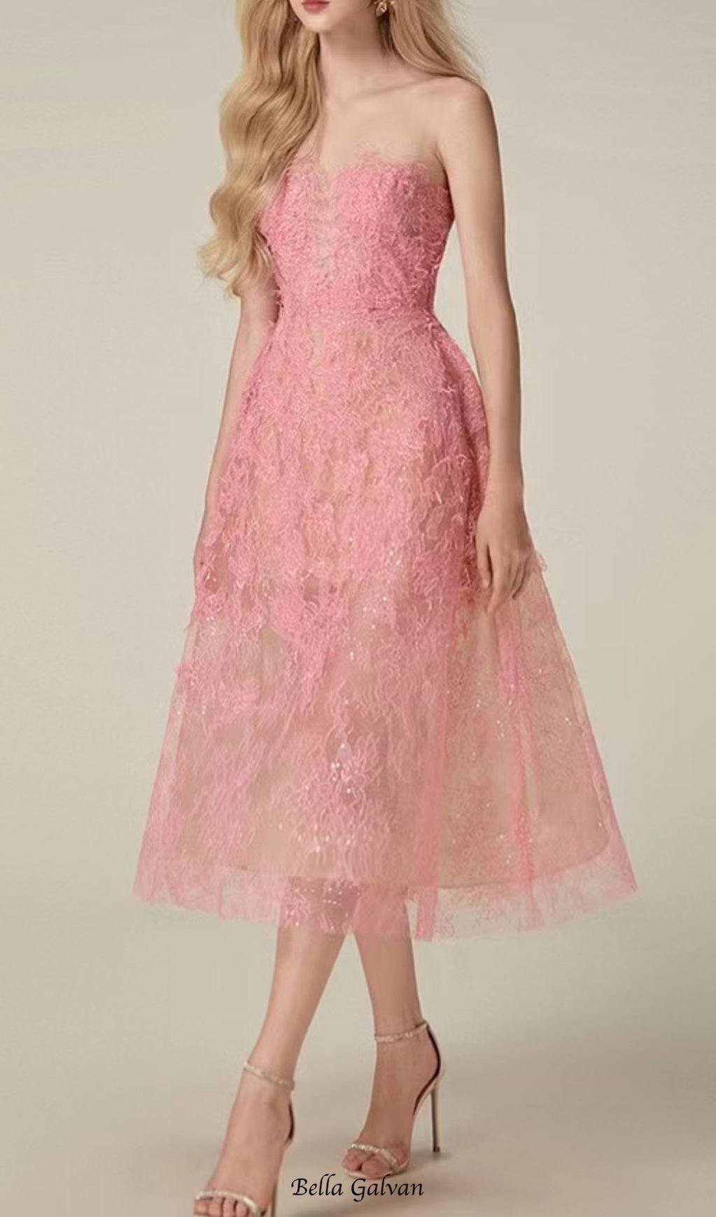 PINK FLORAL LACE EMBROIDER MIDI DRESS Flowering Girl