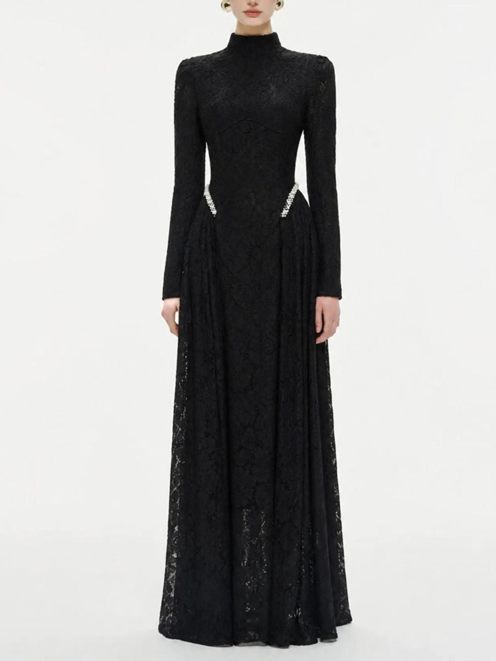Long Sleeve Crystal Detail Lace A Line Maxi Dress Black Flowering Girl