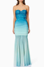 Gradient Mesh Splicing Bodycon Strapless Maxi Dress In Blue Flowering Girl