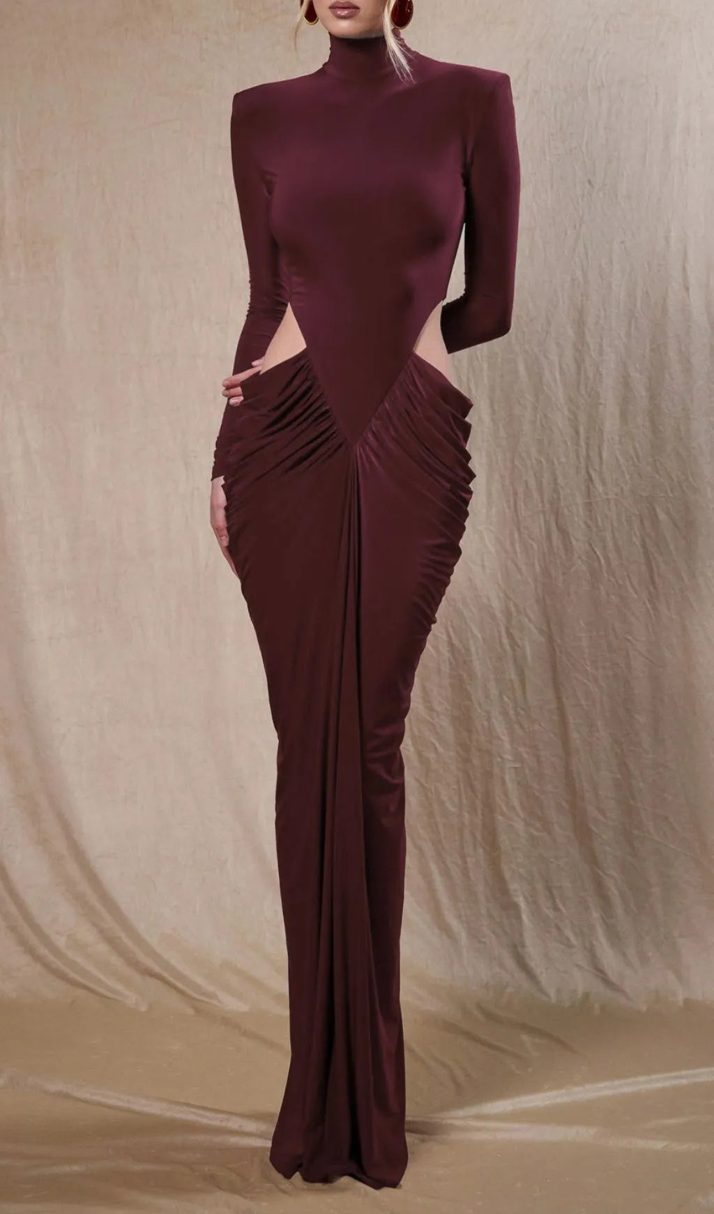 Jera Wine Long Sleeve Ruched Maxi Dress Flowering Girl