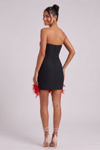 Black Bodycon Mini Dress with Red Feather Trim Flowering Girl