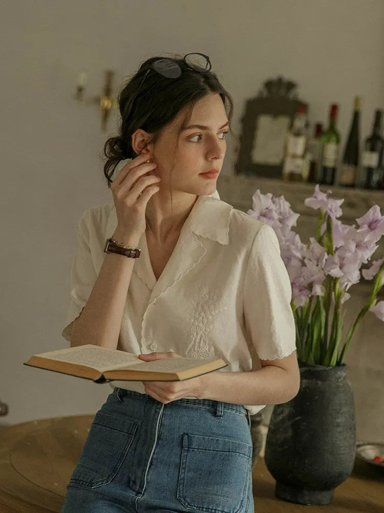 White Embroidered Lace Short Sleeve Shirt Top Flowering Girl
