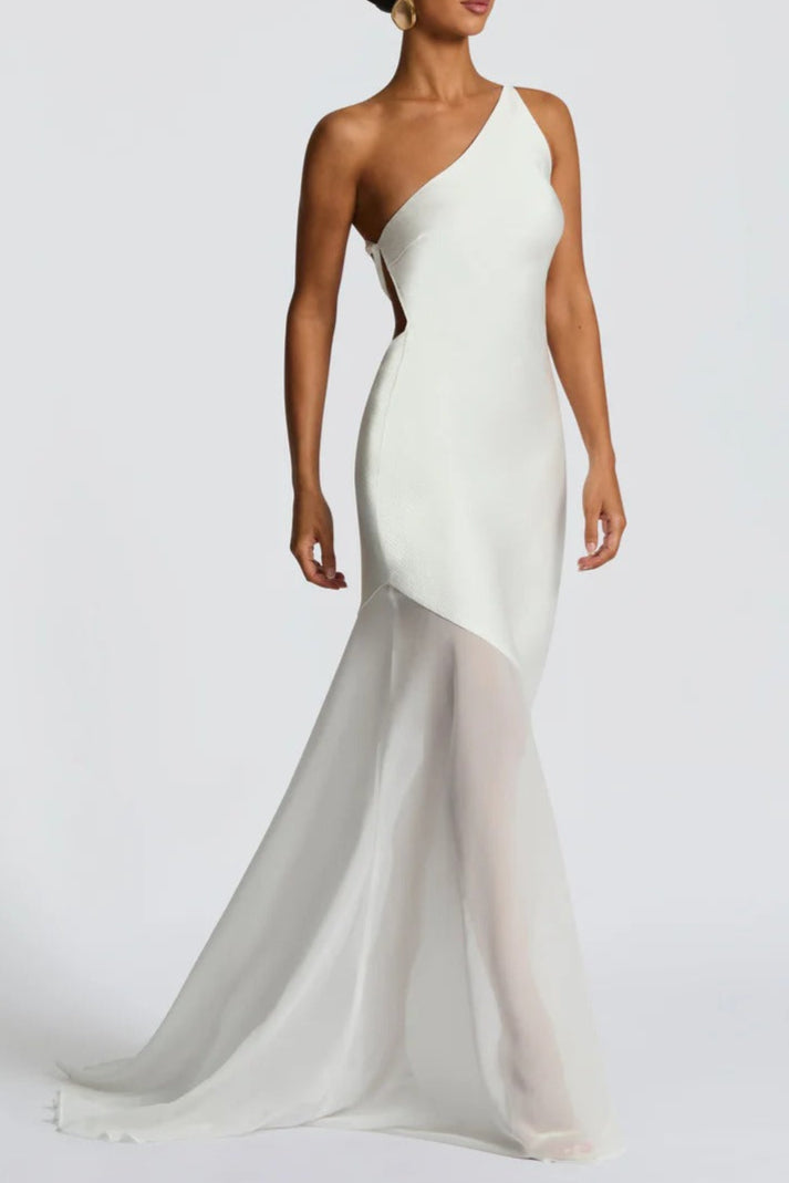 Lace-Up Beveled Back Satin Maxi Dress In Ivory Flowering Girl