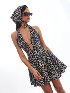 Cheetah Print Halter Linen Mini Dress Flowering Girl