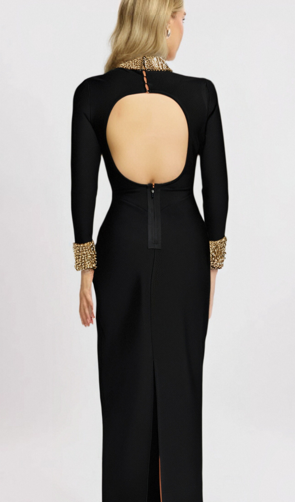 YVONNE LONG SLEEVE GOLD BEAD BANDAGE MIDI DRESS IN BLACK Flowering Girl