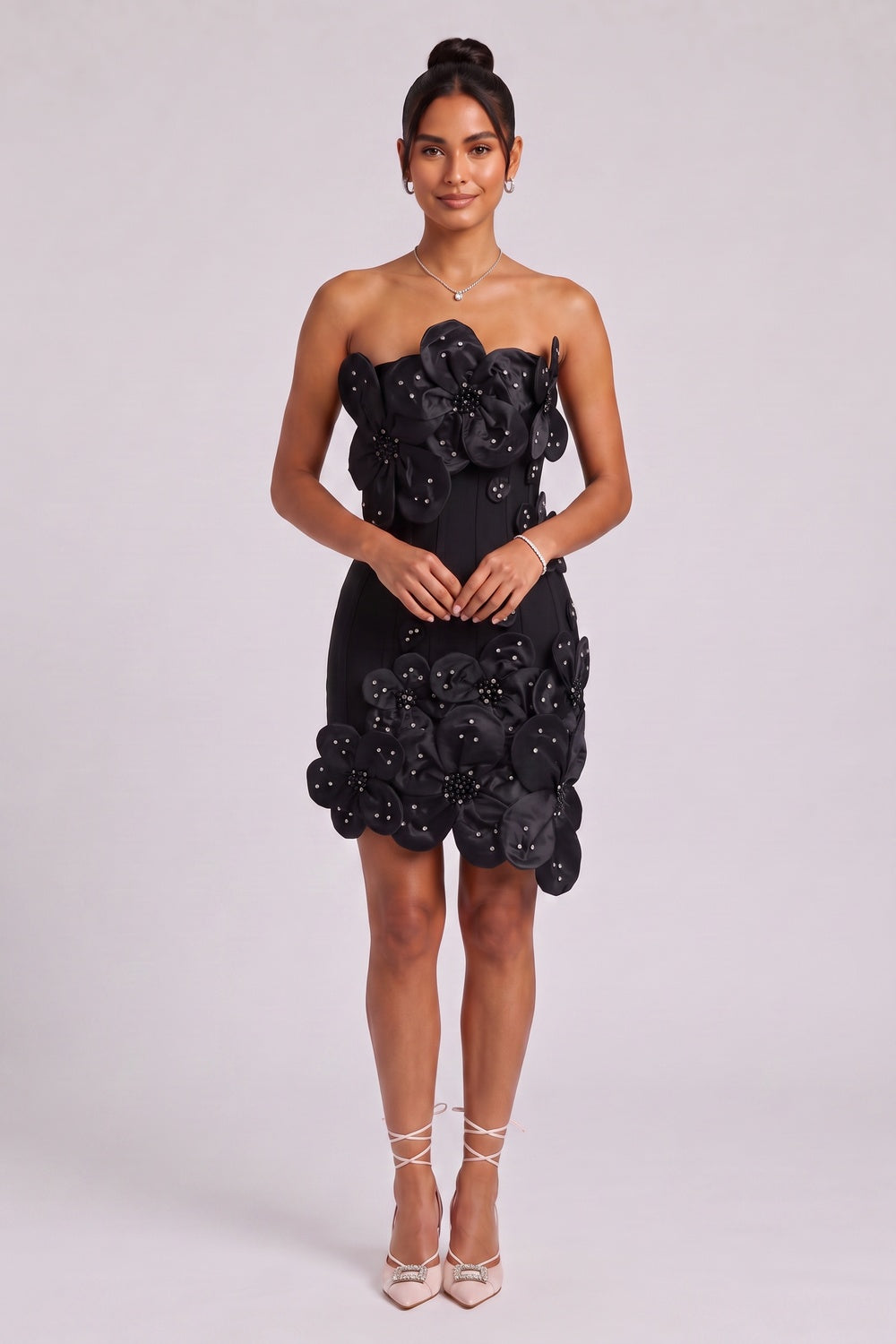 Black Structured Crepe 3D Floral Mini Dress Flowering Girl