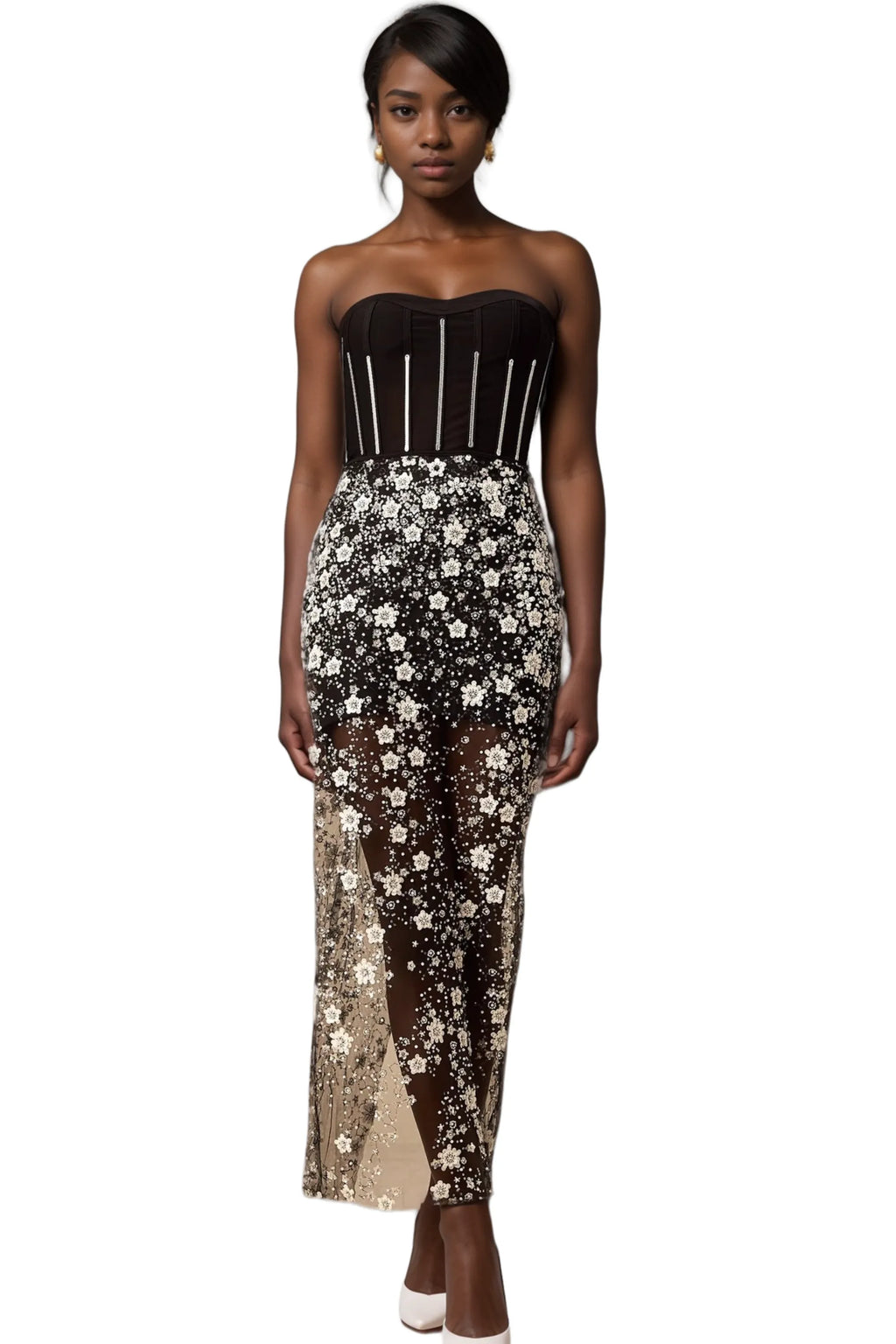 Ophélie Black Sequined Flower Corset Midi Dress Flowering Girl
