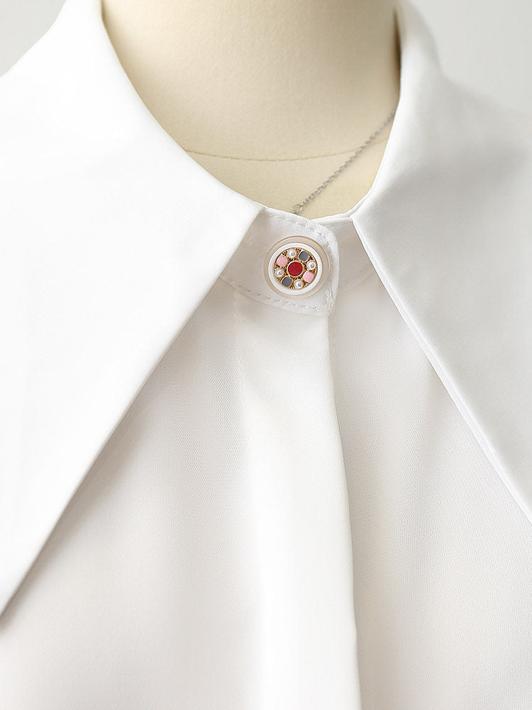 Oversized Point Collar Mixed Fabric Pleated Lantern Sleeve Satin Blouse Flowering Girl