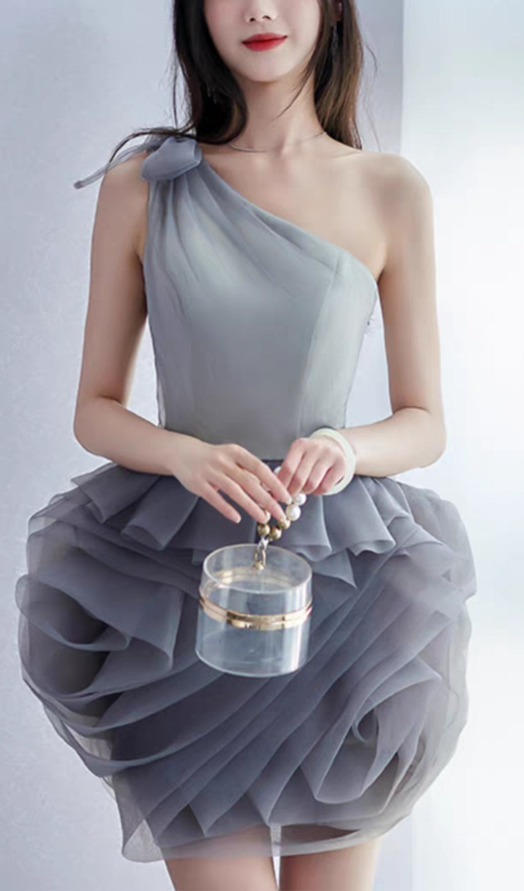 One Shoulder Mesh Mini Dress In Grey Flowering Girl