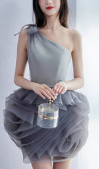 One Shoulder Mesh Mini Dress In Grey Flowering Girl