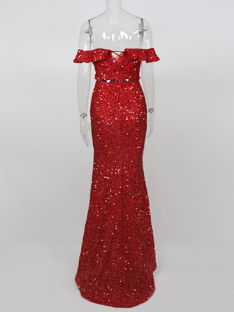 Red Off-Shoulder Sequin Dress Flowering Girl