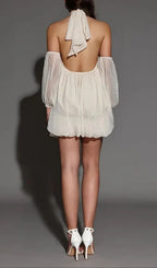 Vivien Halter Neck Fluffy Mini Backless Mini Dress In Apricot Flowering Girl