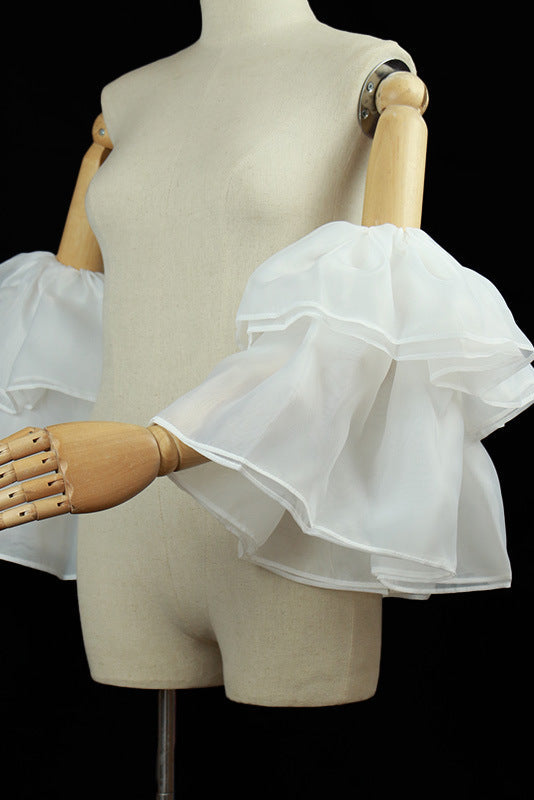 White Double Layer Ruffle Organza Detachable Bell Cuff Sleeves Flowering Girl