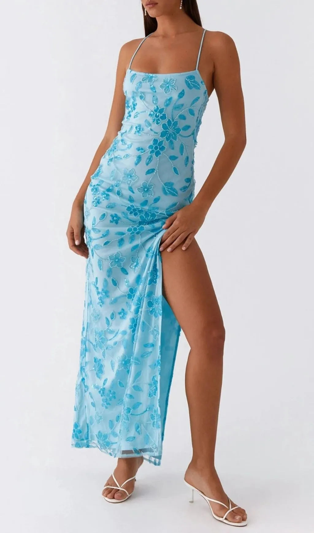 Ongus Floral Sequin Maxi Dress - Blue Flowering Girl