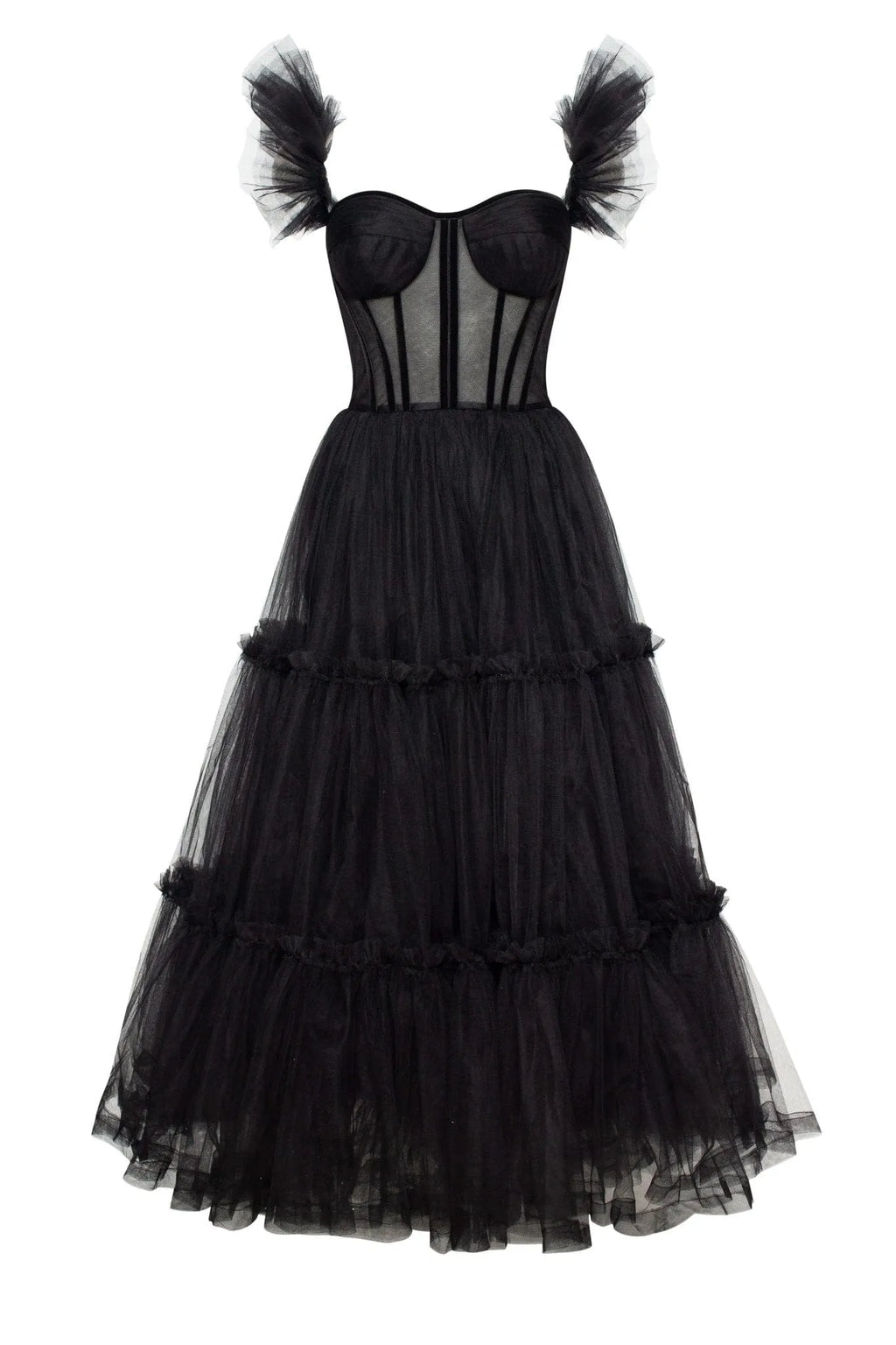 Black Ruffled Tulle Midi Dress Flowering Girl