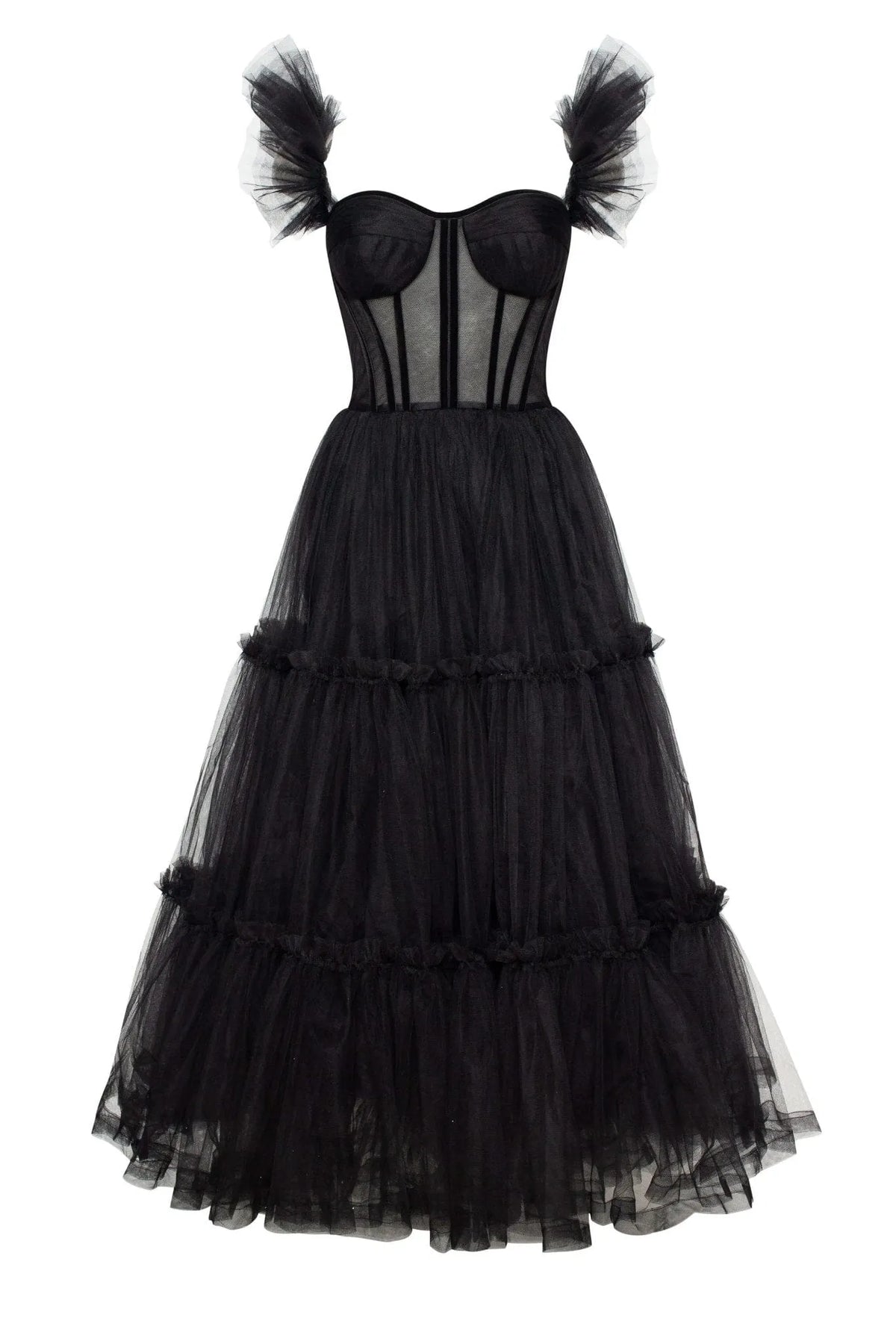 Black Ruffled Tulle Midi Dress Flowering Girl