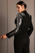 Andrea Faidra Rhinestone Double Breasted Lapel Blazer In Black Flowering Girl