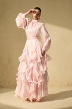 Pandora Puff Sleeve Ruffle Trim Maxi Dress In Pink Flowering Girl