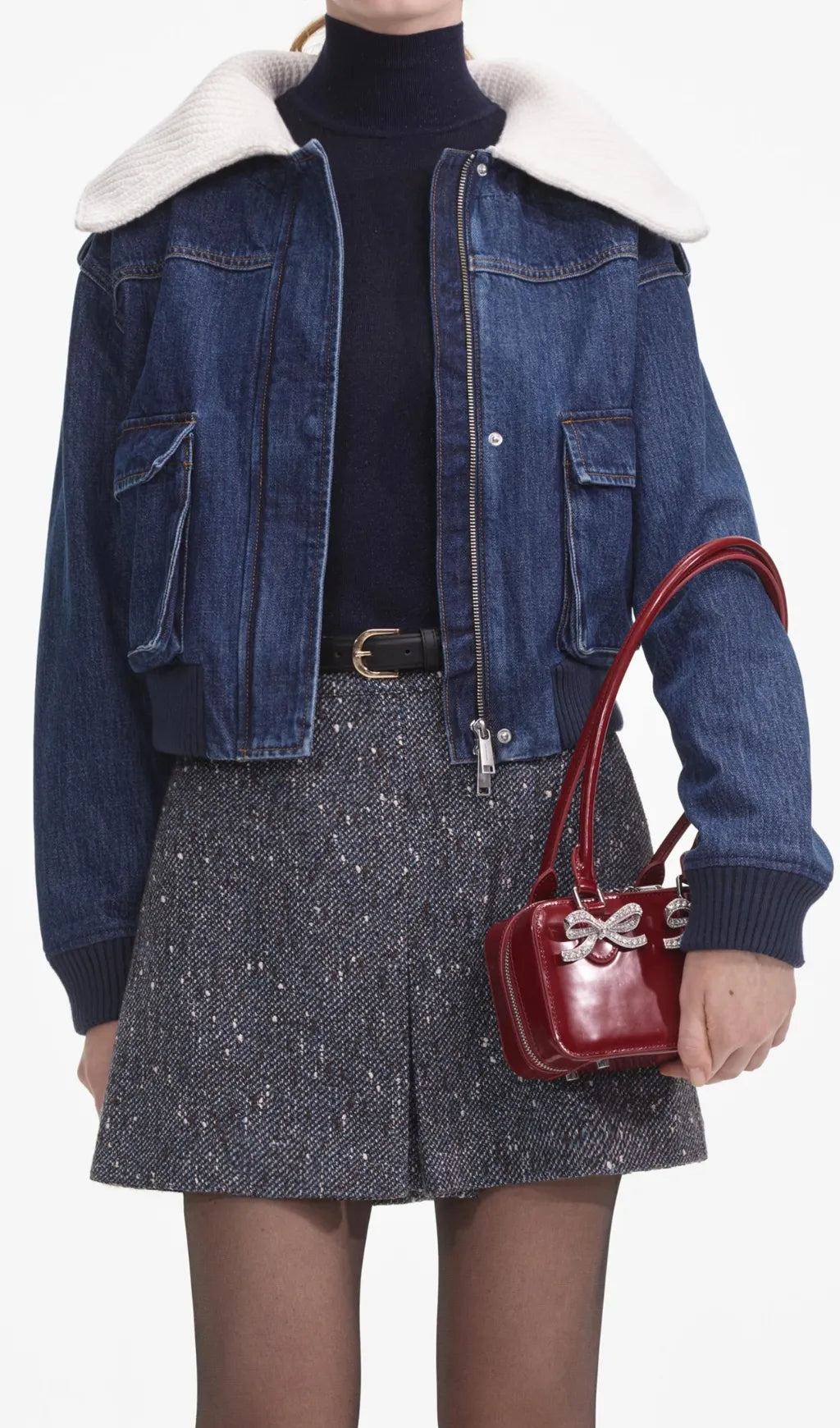 Denim Knit Collar Jacket Flowering Girl