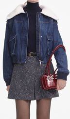 Denim Knit Collar Jacket Flowering Girl