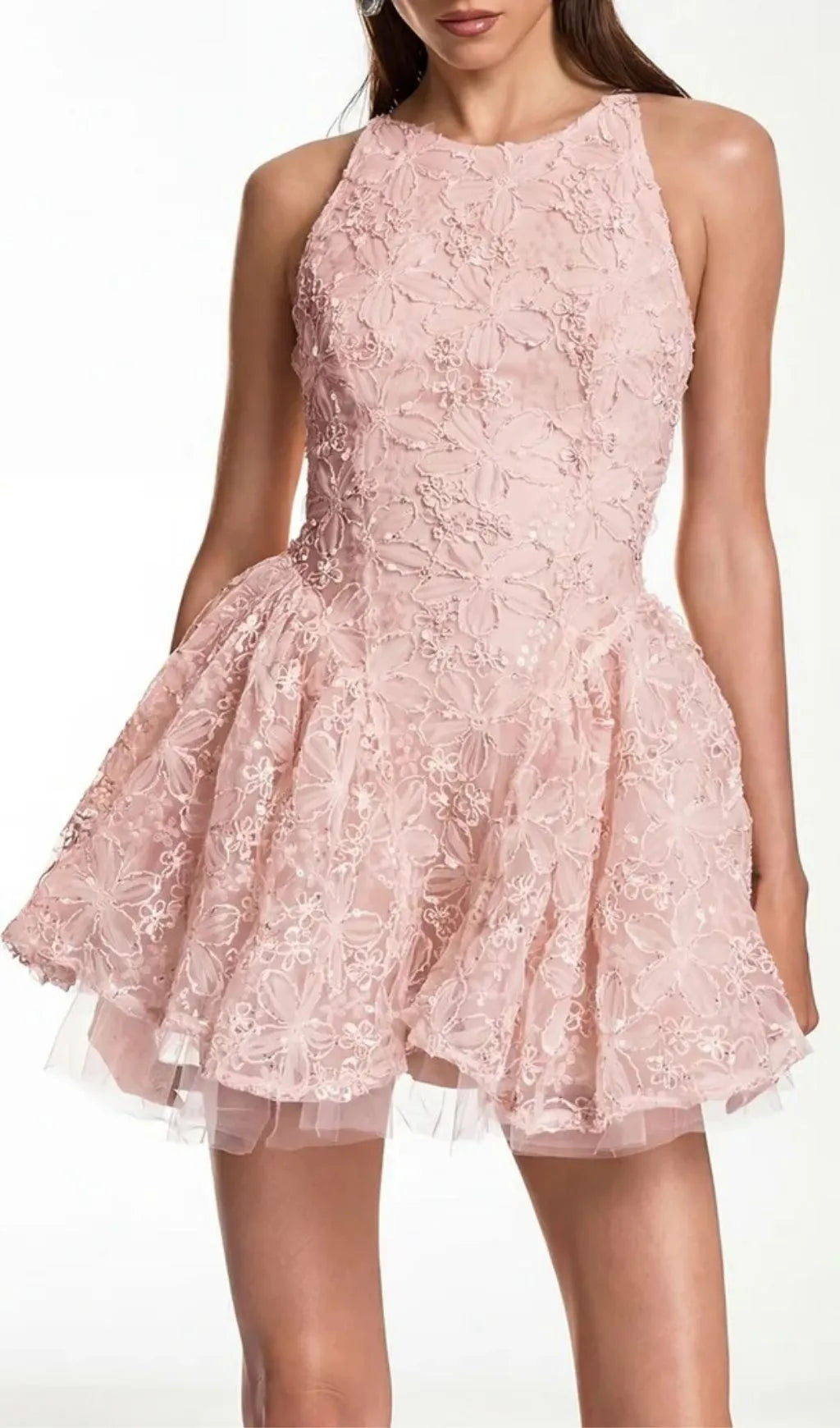 Katsumi Pink Halter Lace Flower Mini Dress Flowering Girl