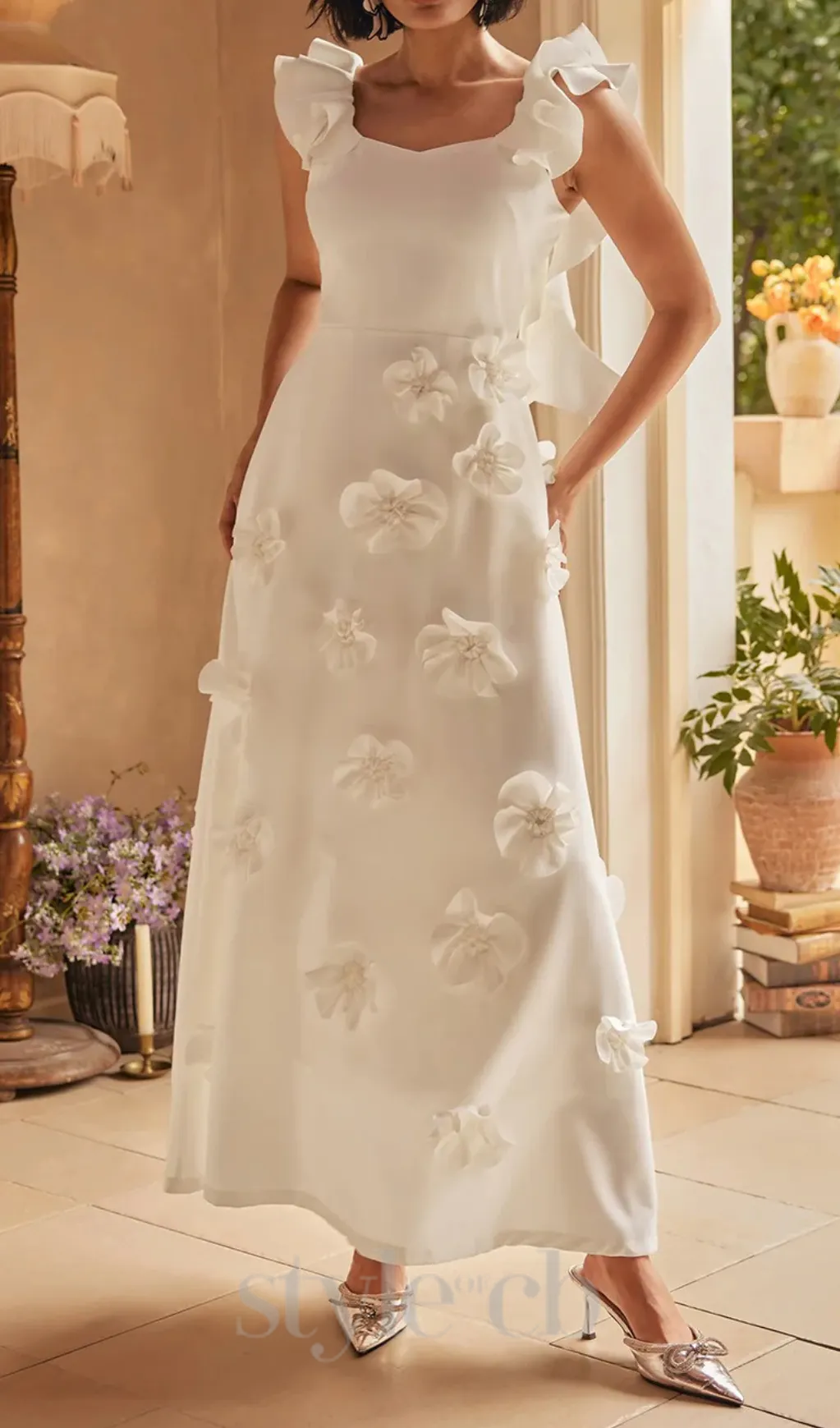 Flower Ruffle Trim Strap Midi Dress In White Flowering Girl