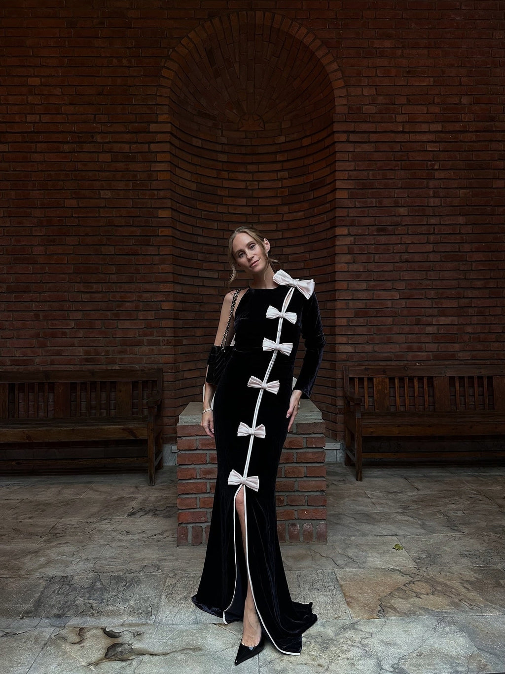 Victoria Bow Cascade Velvet Maxi Dress In Black Flowering Girl