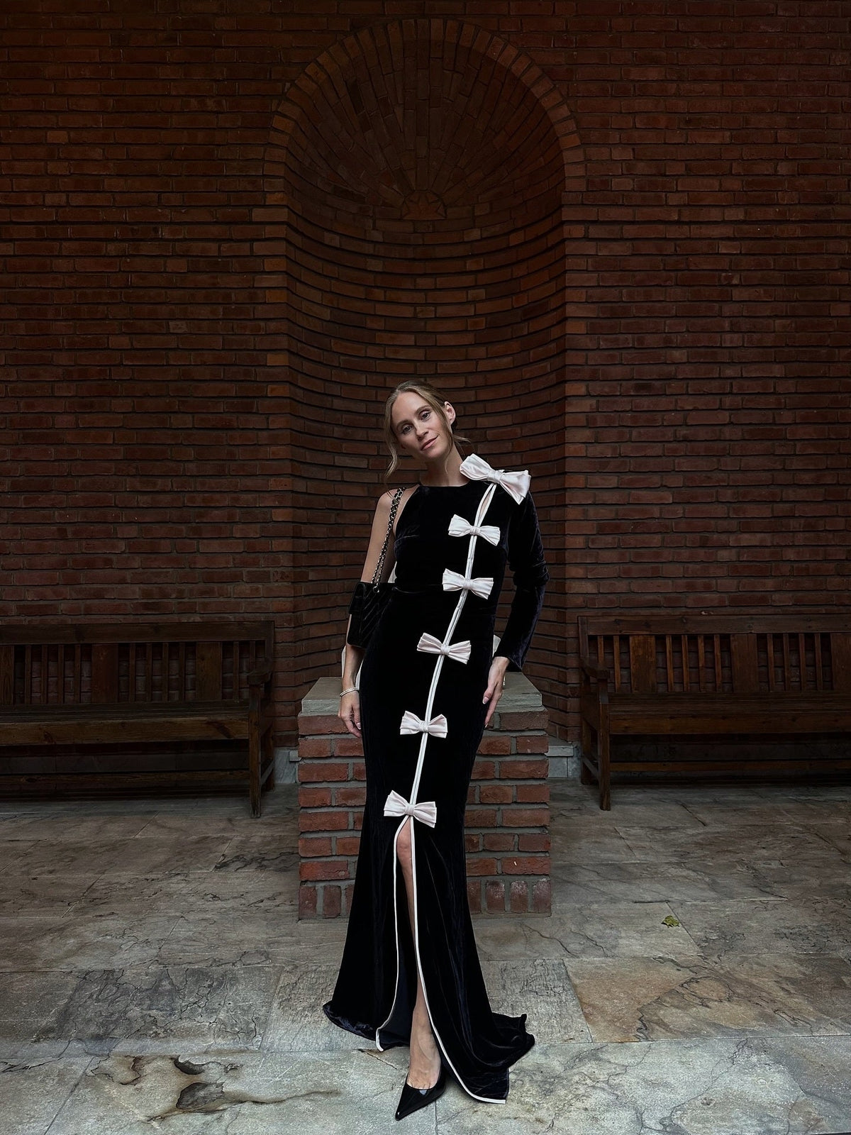 Victoria Bow Cascade Velvet Maxi Dress In Black Flowering Girl