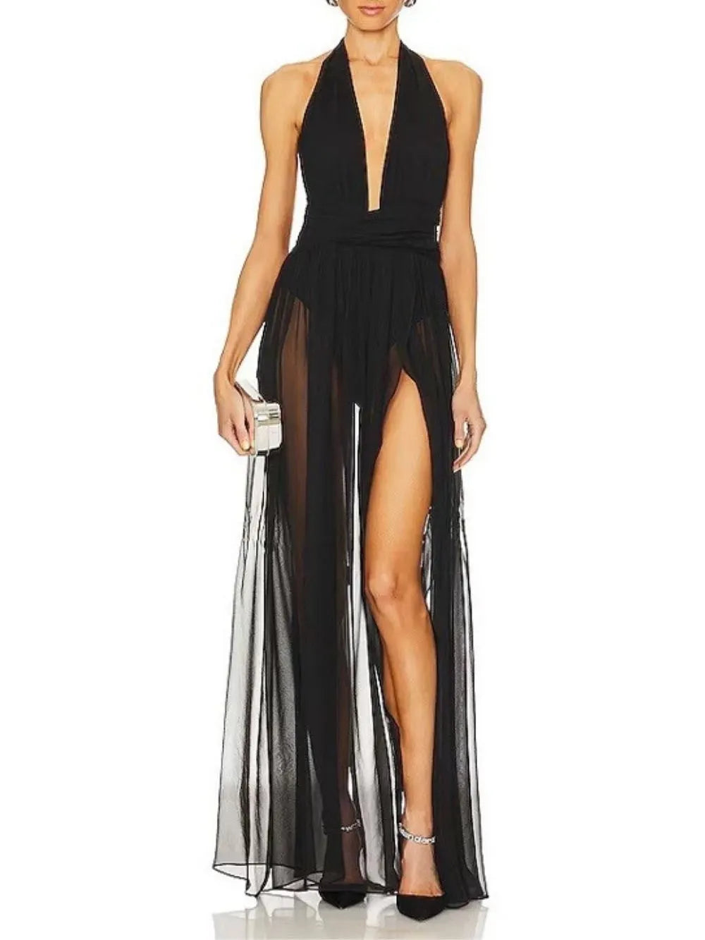 Mascara Black Halter Mesh Maxi Dress Flowering Girl