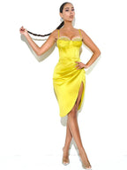 Lemon Yellow Pleated Satin Mini Dress Flowering Girl