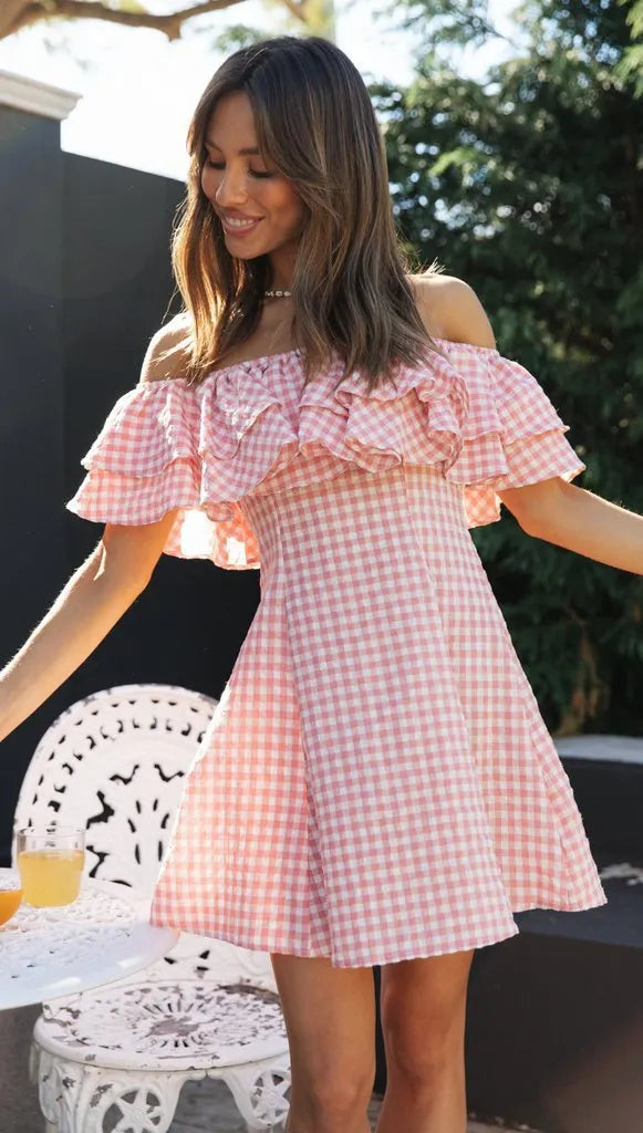 Off Shoulder Ruffle Plaid Mini Dress - Pink Flowering Girl