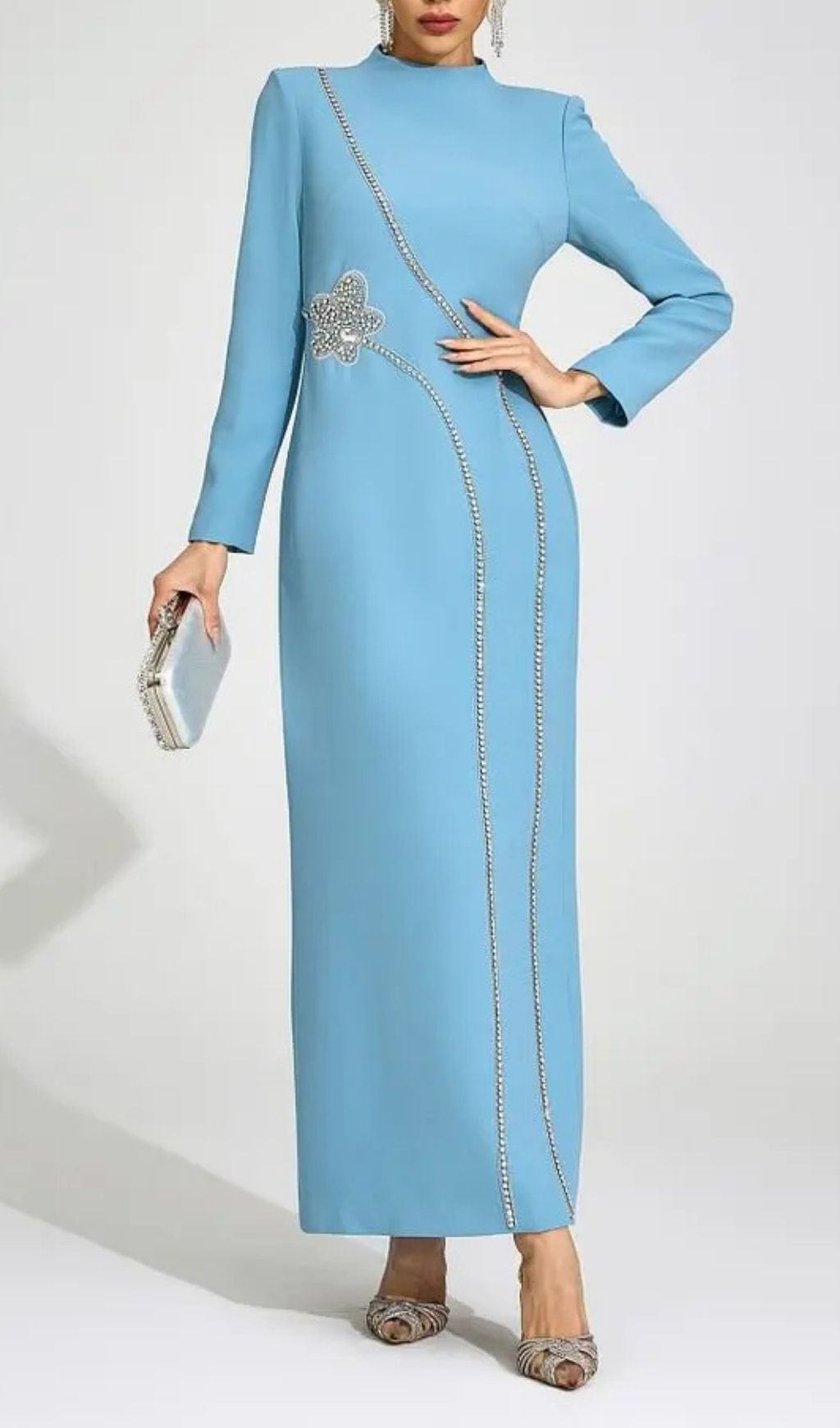 Nicola Diamond Embellished Long Sleeve Maxi Dress - Blue Flowering Girl