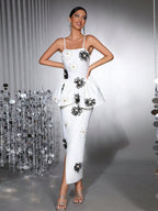 White Bodycon Midi Dress Bandage Elastic Sling With Handmade Flower Flowering Girl