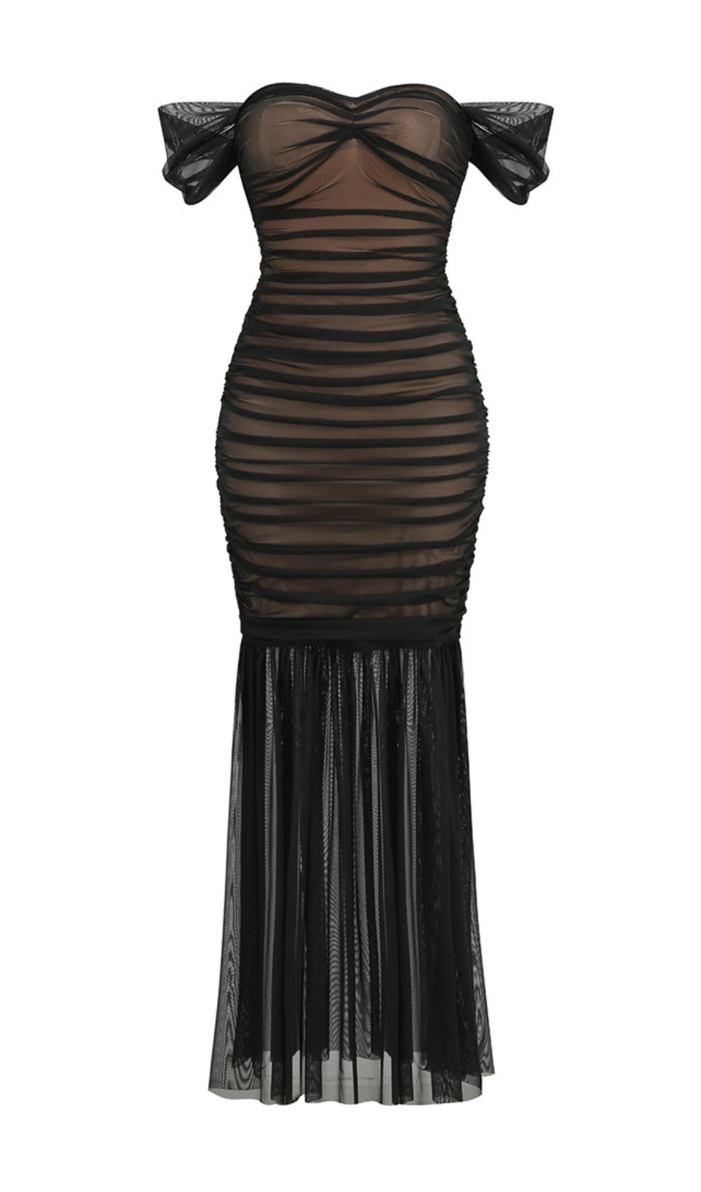 Off Shoulder Mesh Ruched Maxi Dress Flowering Girl