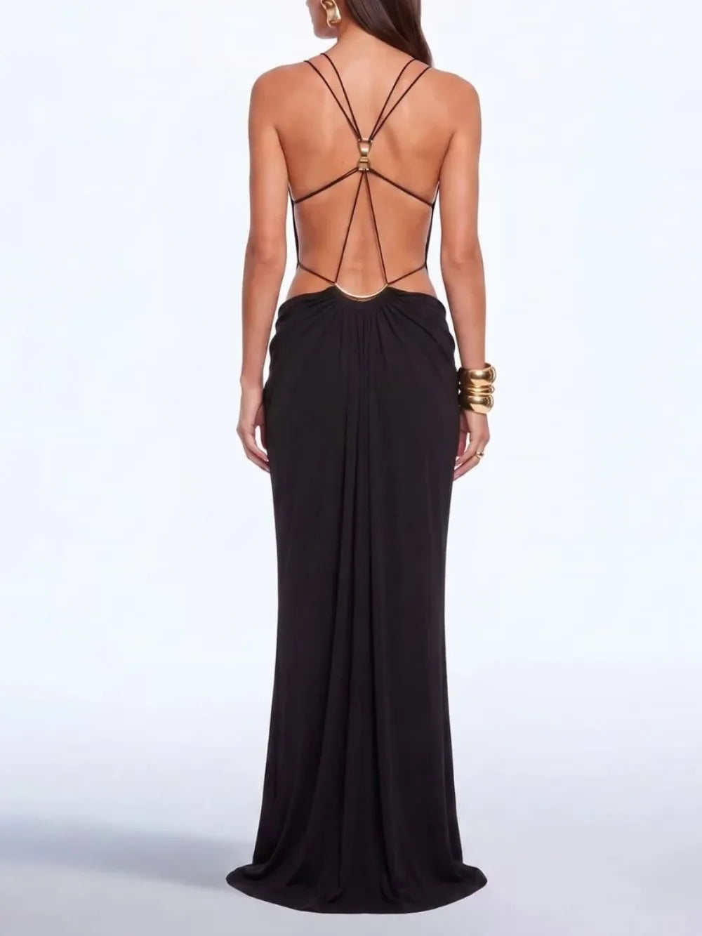 Lorysa Backless Cutout Maxi Dress In Black Flowering Girl