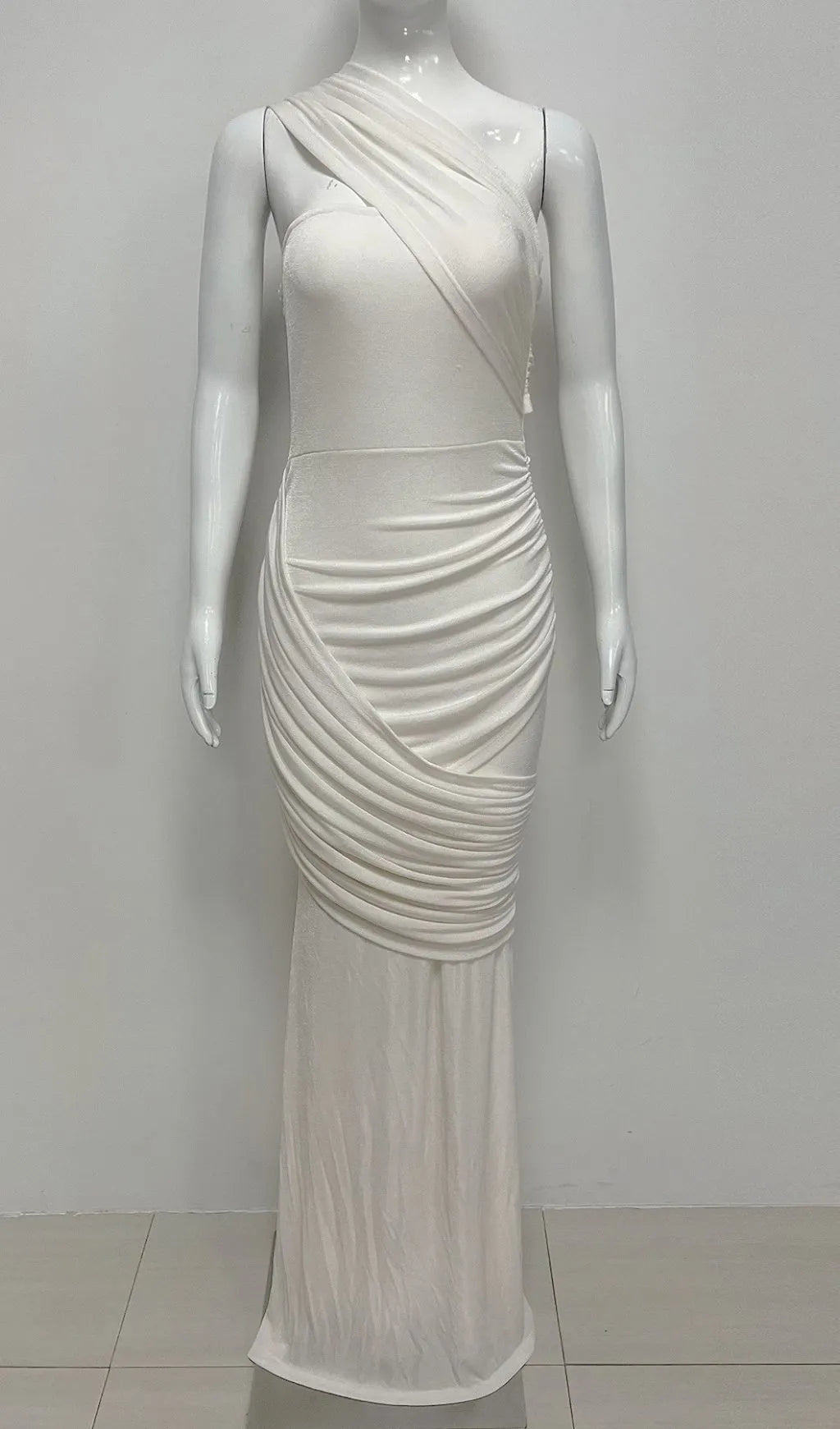 Kesley White Ruched Maxi Dress Flowering Girl