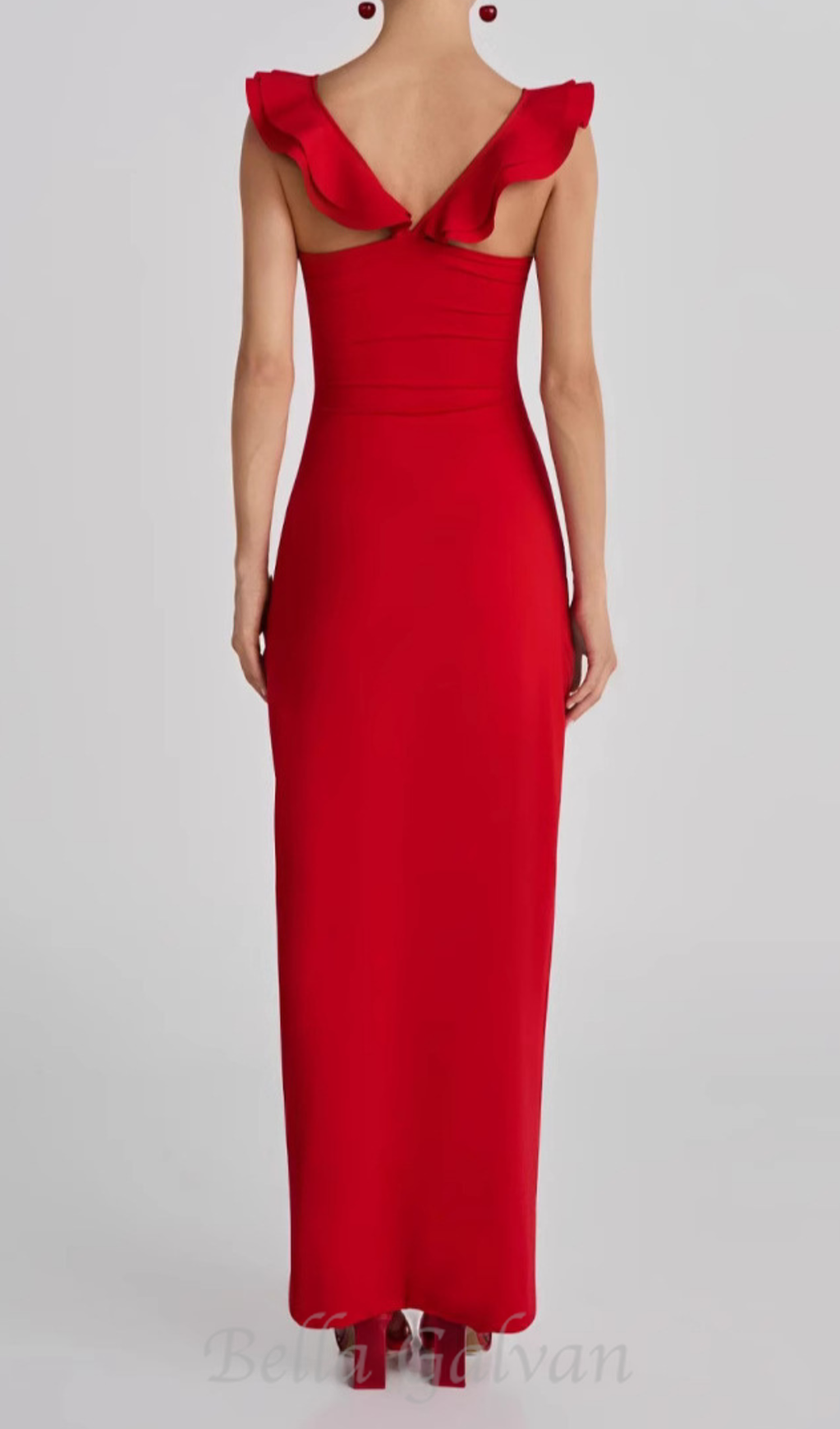 floral ruffle trim halter midi dress in red Flowering Girl