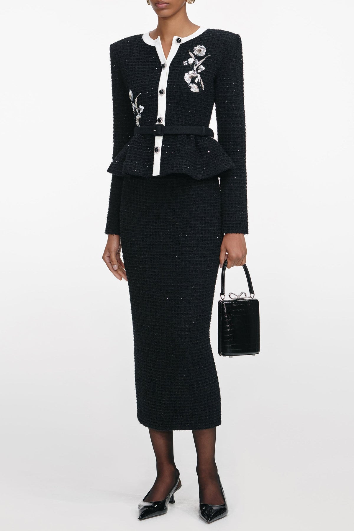 Vicky Black Floral Textured Knit Midi Dress Flowering Girl